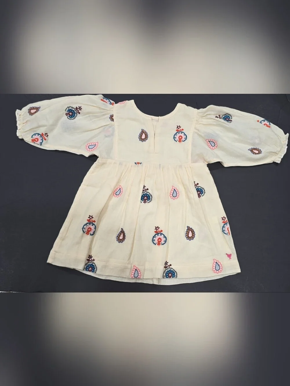 Pink Chicken Ava Bella Cream Embroidered Puff-Sleeve Dress w Multicolor Motifs